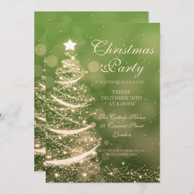 Elegant Green & Gold Christmas Party Sparkle Invitation (Front/Back)
