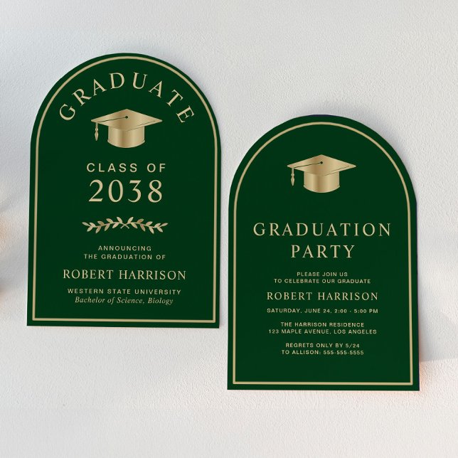 Elegant Green Gold College Graduation Party Invitation (An elegant arch-shaped college graduation party invitation to celebrate the graduate's achievements)