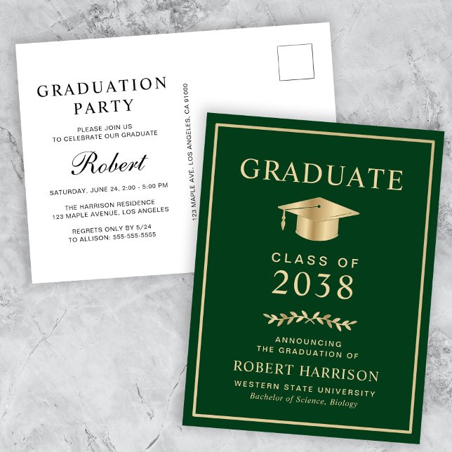 Elegant Green Gold College Graduation Party Invitation Postcard (An elegant college graduation party invitation postcard to celebrate the graduate's achievements)
