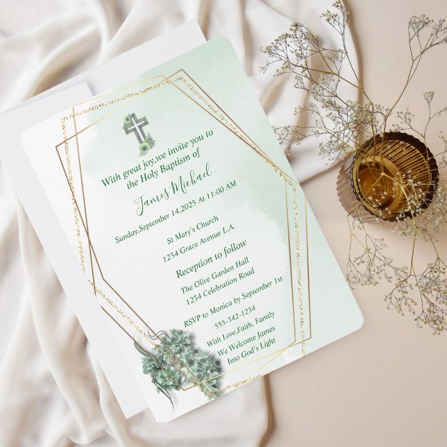 Elegant Green & Gold Cross Baptism Invitation  (Creator Uploaded)