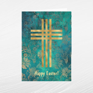 Elegant Green Gold Cross Easter Holiday Card