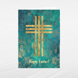 Elegant Green Gold Cross Easter Holiday Card