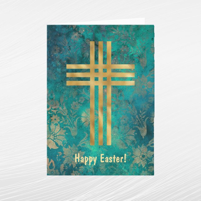 Elegant Green Gold Cross Easter Holiday Card (Creator Uploaded)