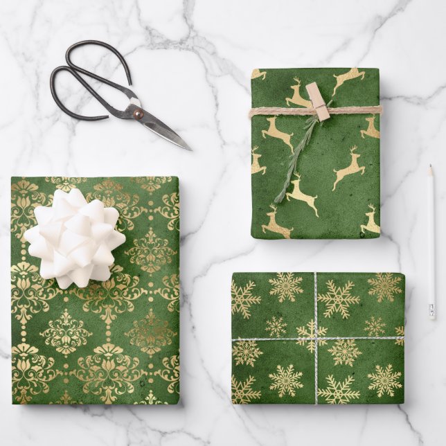 Elegant Green Gold Damask Reindeer Snowflakes Wrapping Paper Sheet (Front)