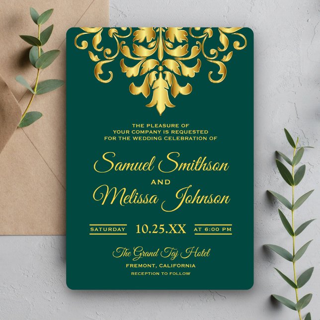 Elegant Green Gold Damask Wedding Invitation (Creator Uploaded)