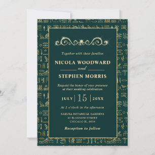 Elegant Green & Gold Egyptian Hieroglyph Wedding Invitation