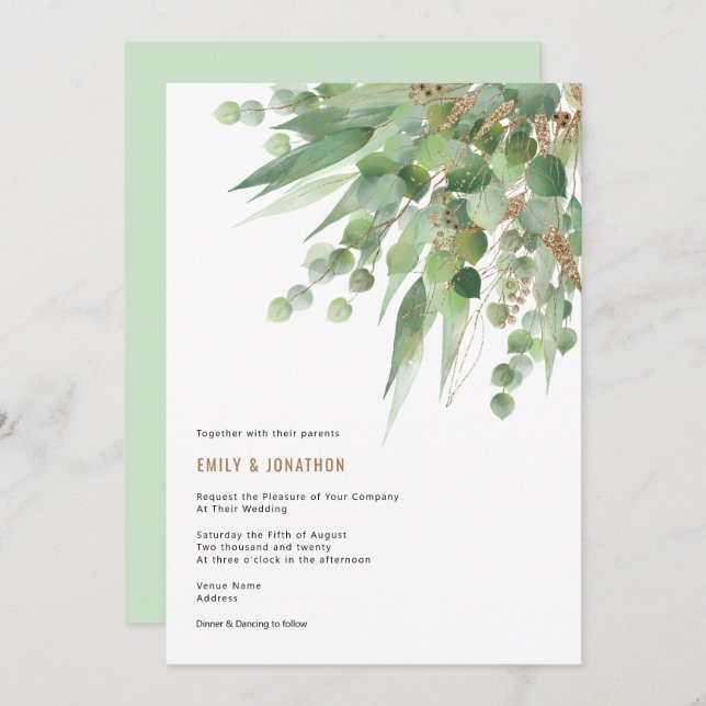 Elegant Green Gold Eucalyptus Leaf Wedding Invitation (Front/Back)