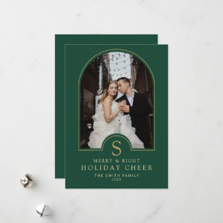 Elegant Green Gold Family Christmas Photo Greeting Holiday Card
