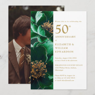Elegant Green Gold Floral 50th Anniversary Photo Invitation