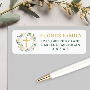 Elegant Green Gold Floral Cross Baptism Address