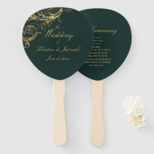 Elegant Green Gold Floral Damask Script Wedding Hand Fan