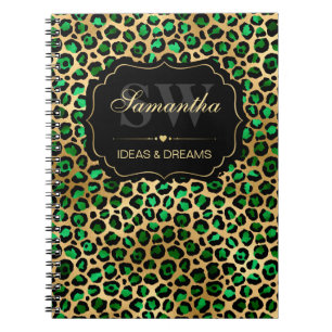Elegant Green & Gold Foil Leopard Spots Monogram Notebook
