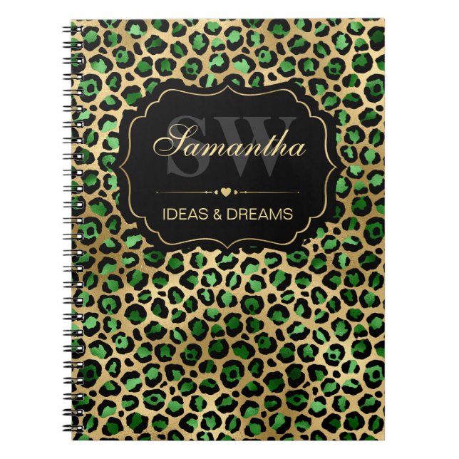 Elegant Green & Gold Foil Leopard Spots Monogram Notebook (Front)