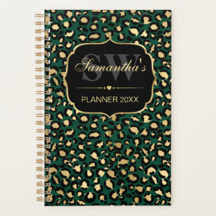 Elegant Green & Gold Foil Leopard Spots Monogram Planner