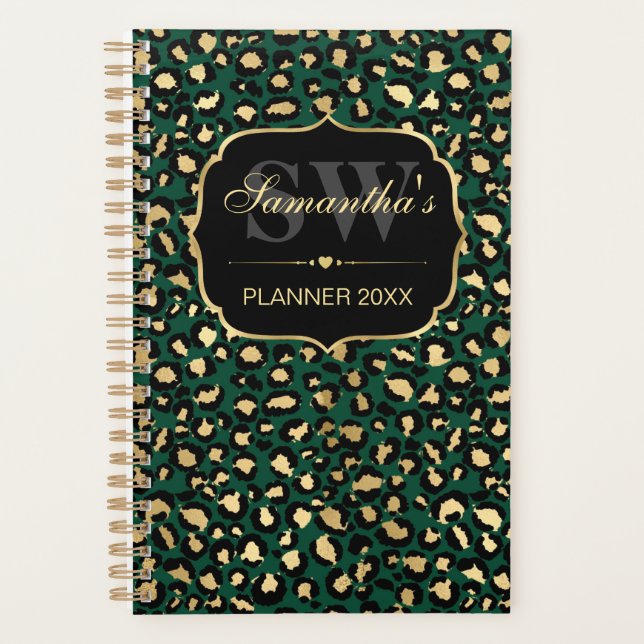 Elegant Green & Gold Foil Leopard Spots Monogram Planner (Front)