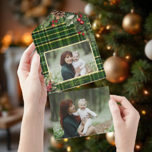 Elegant Green/Gold Foil Plaid Holly Photo  All In One Invitation