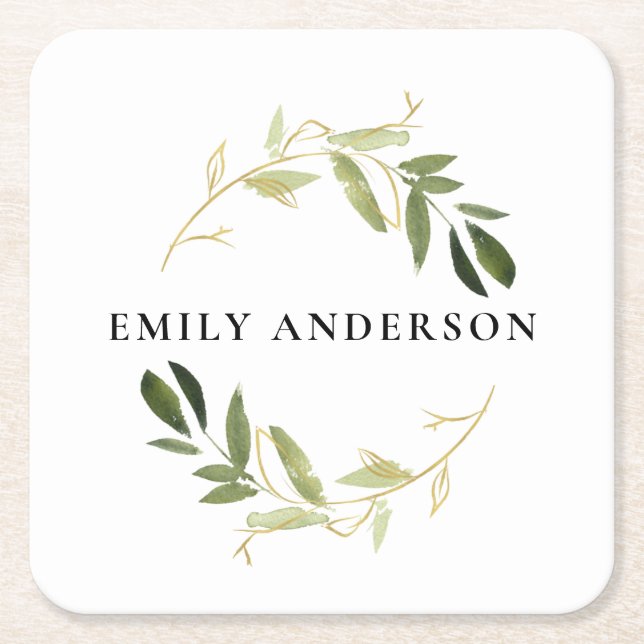 ELEGANT GREEN GOLD FOLIAGE WATERCOLOR WREATH SQUARE PAPER COASTER (Front)