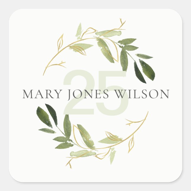 ELEGANT GREEN GOLD FOLIAGE WREATH ANY AGE BIRTHDAY SQUARE STICKER (Front)