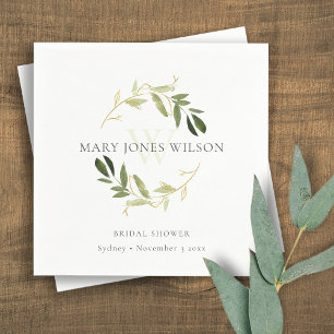 ELEGANT GREEN GOLD FOLIAGE WREATH BRIDAL SHOWER NAPKIN