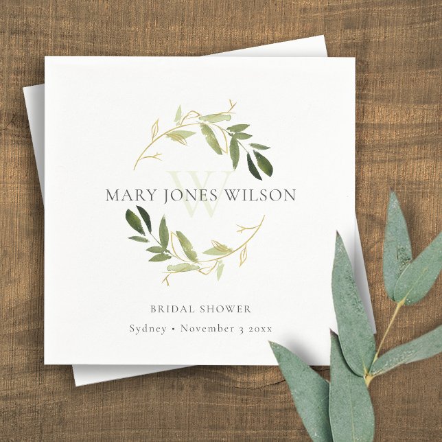 ELEGANT GREEN GOLD FOLIAGE WREATH BRIDAL SHOWER NAPKIN (Creator Uploaded)