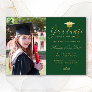 Elegant Green Gold Formal Script Photo Graduation Announcement