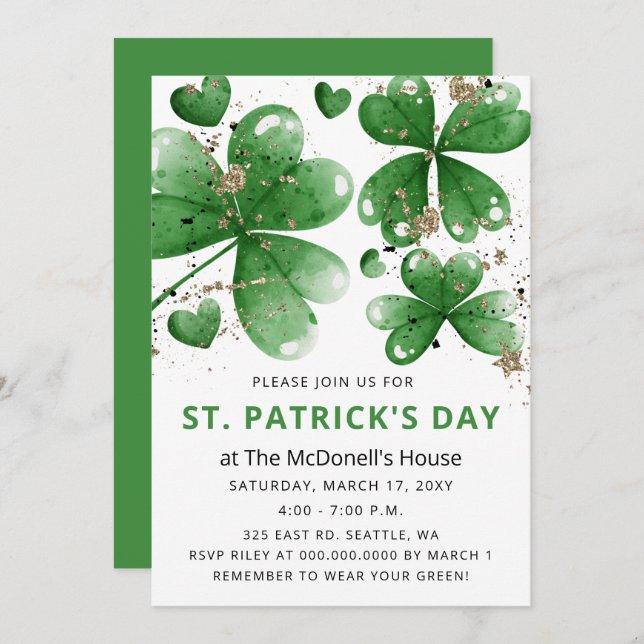 Elegant Green Gold Gitter Shamrock St Patricks Day Invitation (Front/Back)