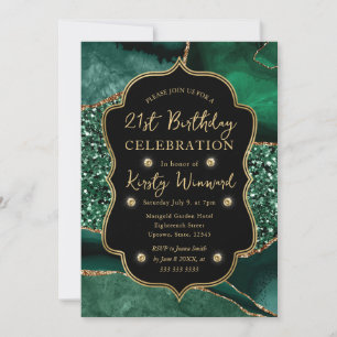 Elegant Green & Gold Glitter Agate 21st Birthday Invitation