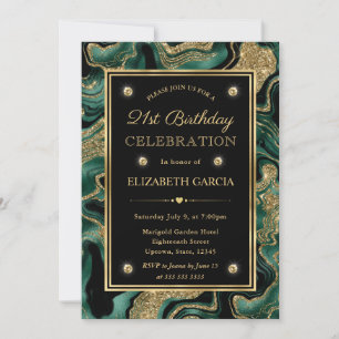 Elegant Green & Gold Glitter Agate 21st Birthday Invitation