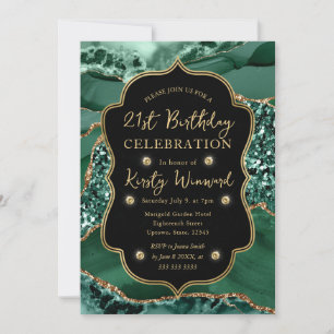 Elegant Green & Gold Glitter Agate 21st Birthday Invitation