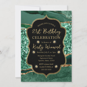 Elegant Green & Gold Glitter Agate 21st Birthday Invitation