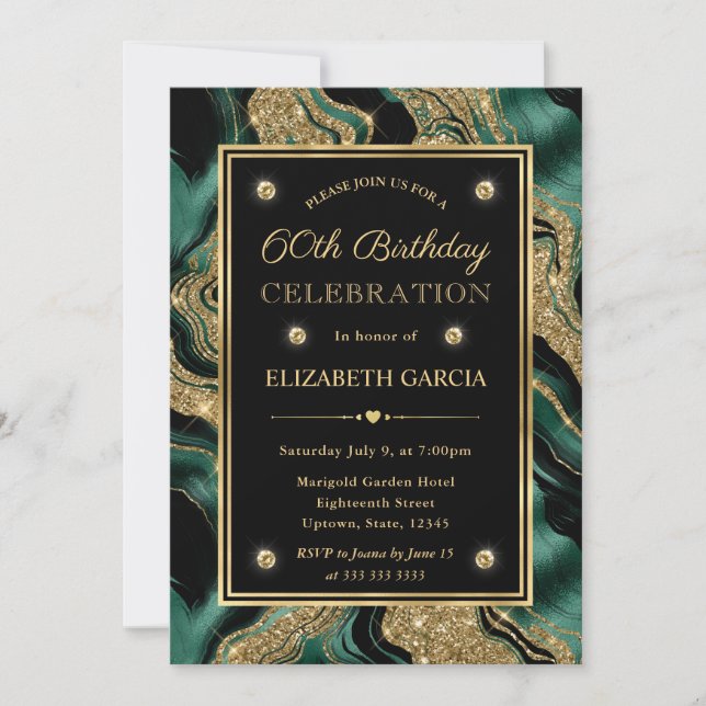 Elegant Green & Gold Glitter Agate 60th Birthday Invitation (Front)