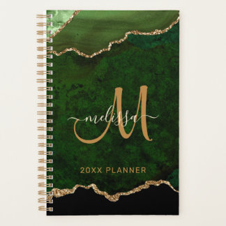 Elegant Green Gold Glitter Agate Monogram 2024 Planner
