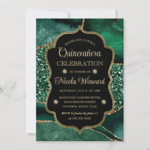 Elegant Green & Gold Glitter Agate Quinceanera Invitation