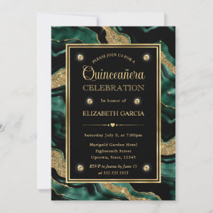 Elegant Green & Gold Glitter Agate Quinceanera Invitation