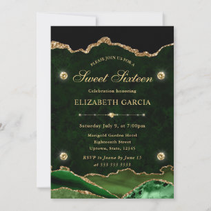 Elegant Green Gold Glitter Agate Sweet Sixteen Invitation