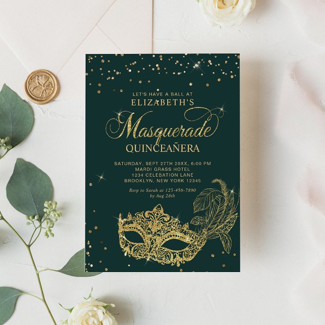 Elegant Green Gold Glitter Masquerade Quinceañera Invitation (Creator Uploaded)