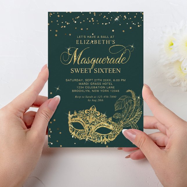Elegant Green Gold Glitter Masquerade Sweet 16 Invitation (Creator Uploaded)