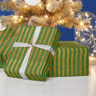 Elegant green gold glitter stripe pattern festive wrapping paper