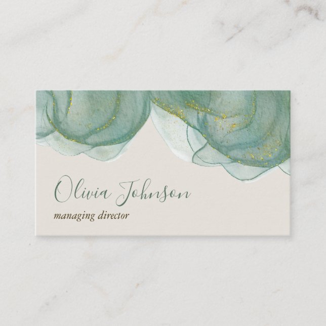 Elegant Green Gold Glitter Watercolor Business Card (Front)