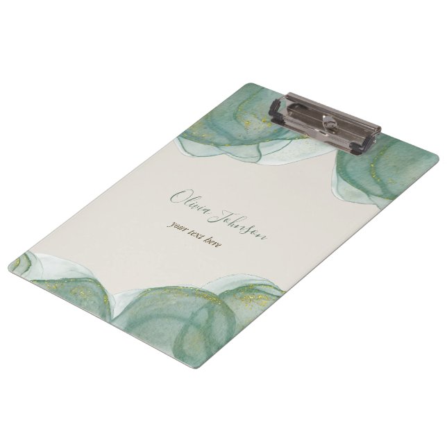 Elegant Green Gold Glitter Watercolor Clipboard (Angled)