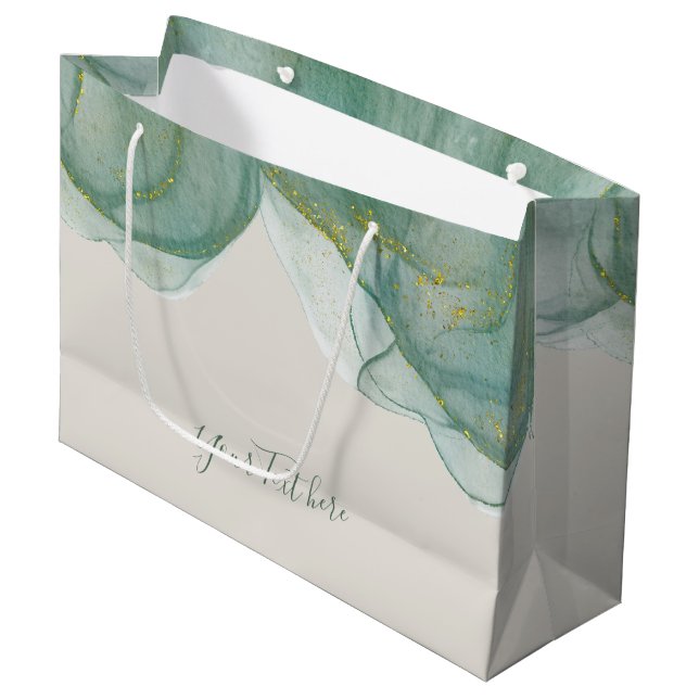 Elegant Green Gold Glitter Watercolor  Large Gift Bag (Front Angled)