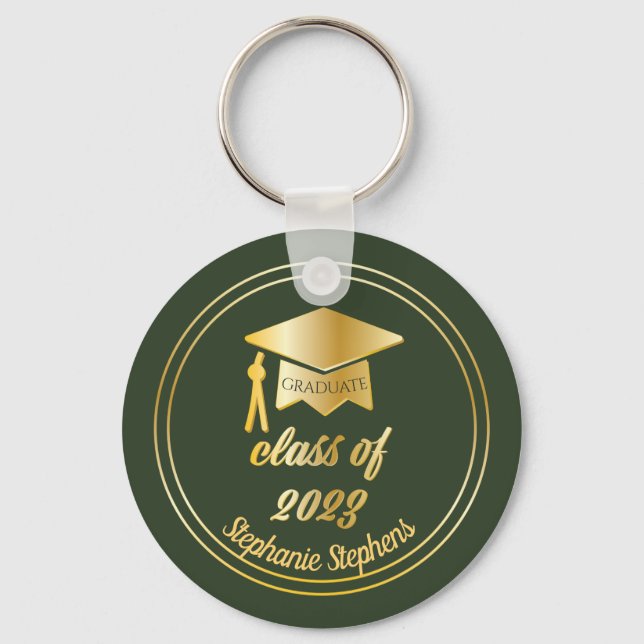 Elegant Green | Gold Graduate Cap Graduation Keych Key Ring (Front)