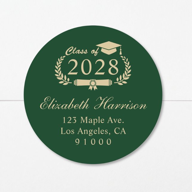 Elegant Green Gold Graduation Return Address Classic Round Sticker (Creator Uploaded)