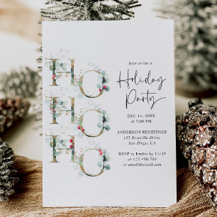 Elegant Green & Gold Ho Ho Ho Holiday Party Invitation