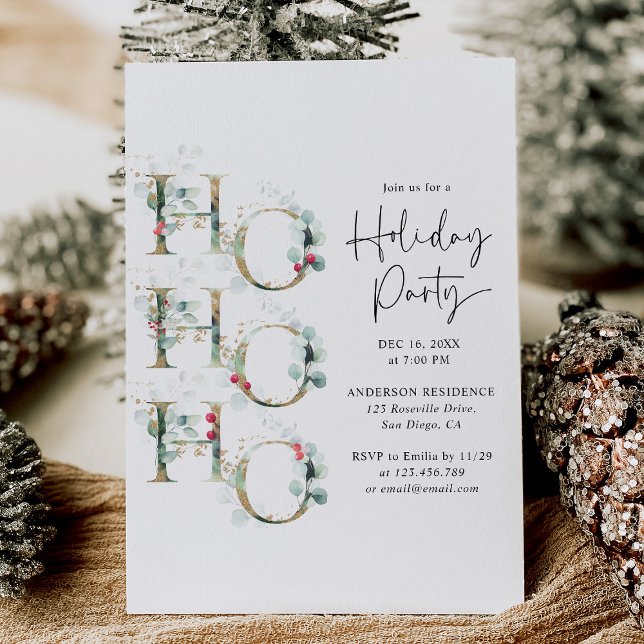 Elegant Green & Gold Ho Ho Ho Holiday Party Invitation (Creator Uploaded)