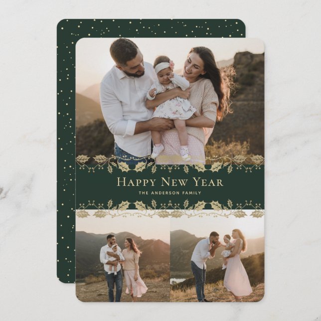 Elegant Green Gold Holly Photo Happy New Year Card (Front/Back)