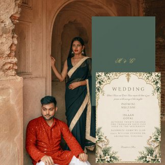 Elegant Green & Gold Indian Floral Wedding Invitation