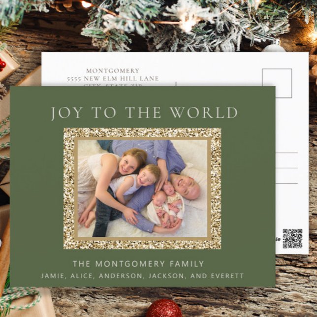 Elegant Green Gold Joy Christmas Holiday Photo Postcard (Green and gold Christmas photo greeting postcard.)