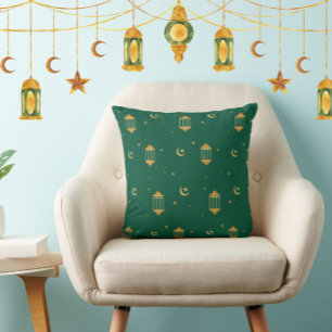 Elegant Green Gold Lanterns Islamic Eid/Ramadan Cushion
