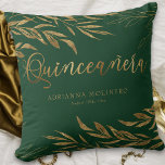 Elegant Green Gold Leaf Personalised Quinceanera Cushion<br><div class="desc">Green and Gold Quinceanera pillow which you can customise with the Quinceañera's name, as well as her birthday or event date, if you wish. The design is emerald green and gold with fine line drawn leaves and solid gold leaf foliage. Please browse my Gold Leaf Quinceanera collection or message me...</div>